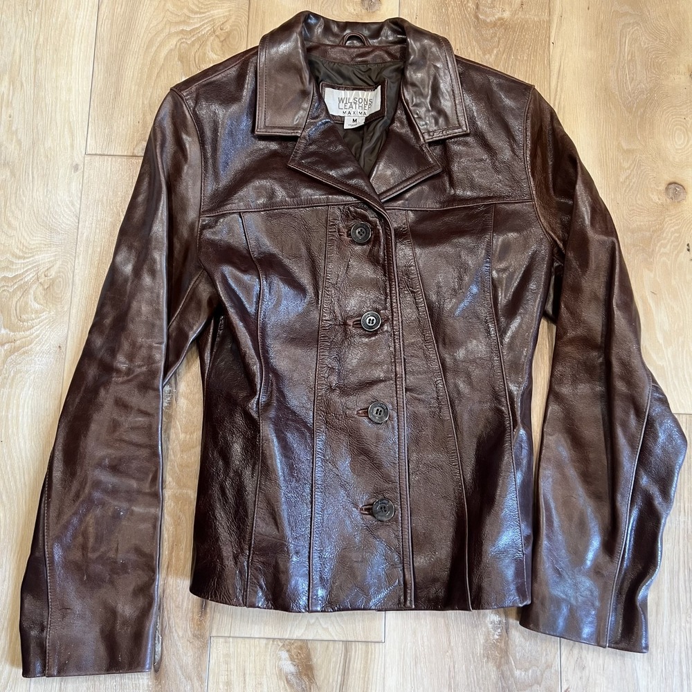 Wilsons Leather Maxima Jacket Womens Medium Brown Leather Button Front Lined